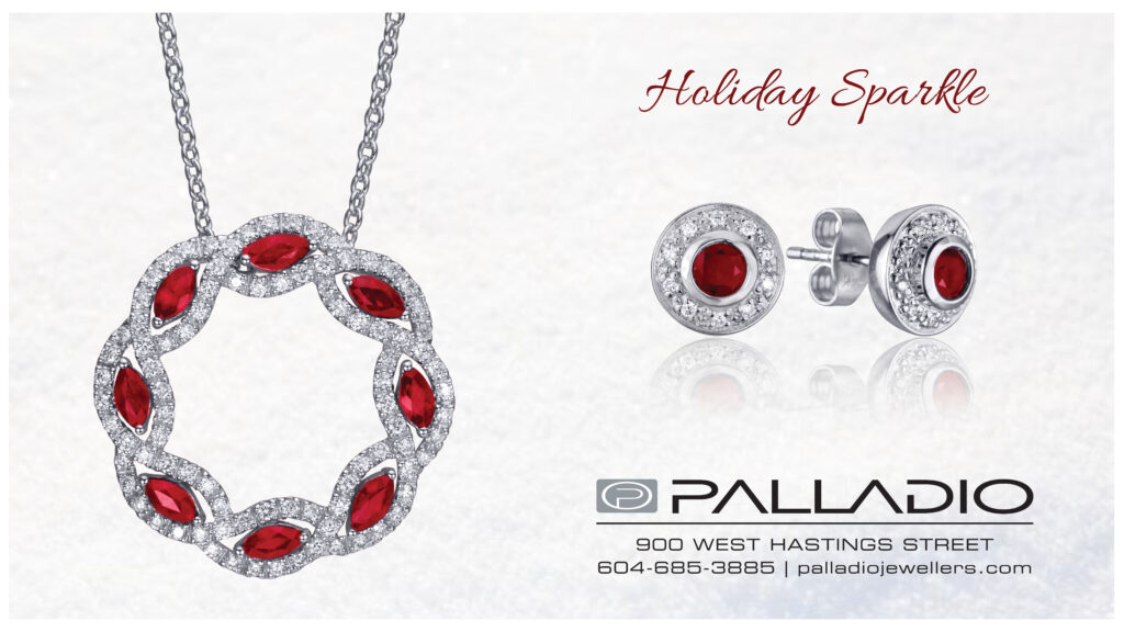 PALLADIO Jewellers graphic with necklace and earrings, with address, phone number and website. Links to PALLDIO Jewellers website.